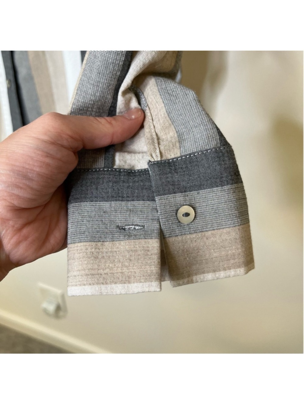 Striped Button Up Long Sleeve Shirt in Neutral Tan, Cream, Faded Black, Small - Picture 7 of 14